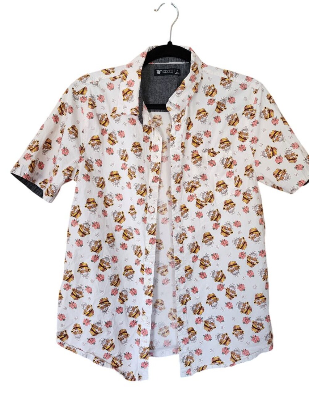 RF Brand skull in a bucket hat print button front short sleeve shirt mens size S